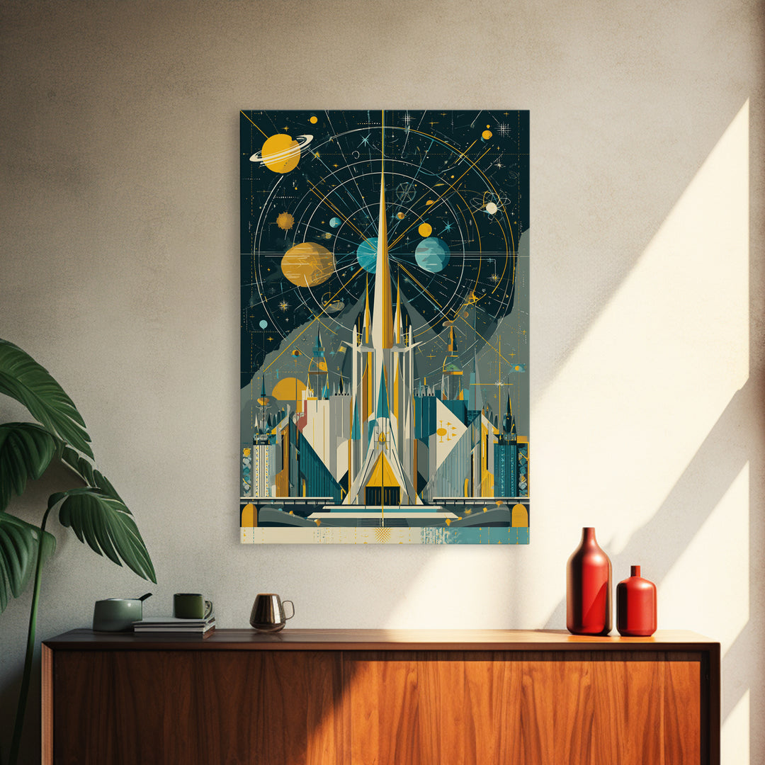 Atomic Rocket Spire Space Age City Canvas Print, Mid Century Modern Wall Art, Futuristic Planet Poster, Geometric MCM Decor