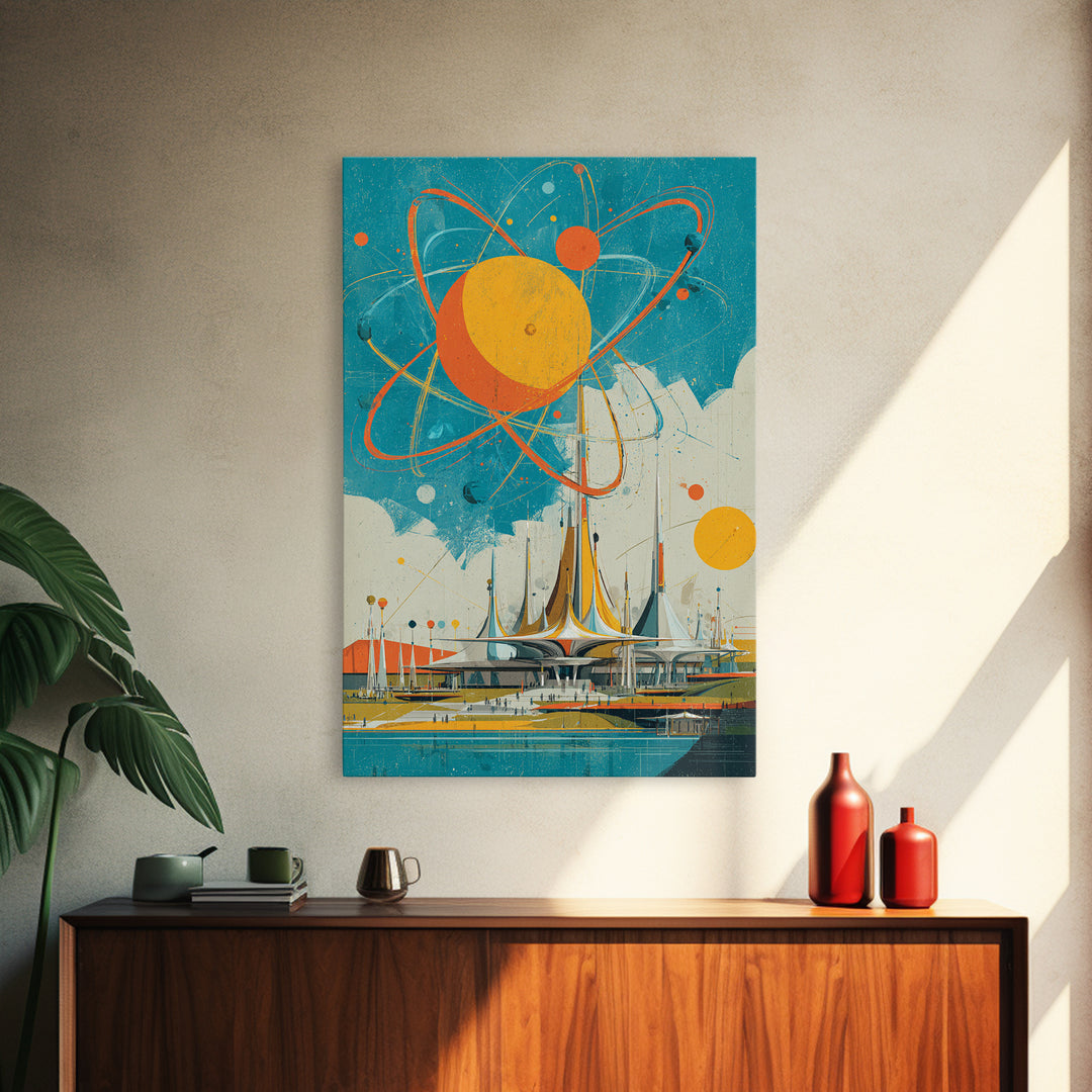 Giant Atomic Sun Over Futuristic City Wall Art, Mid Century Modern Canvas Print, Retro Space Age Poster, Turquoise Decor