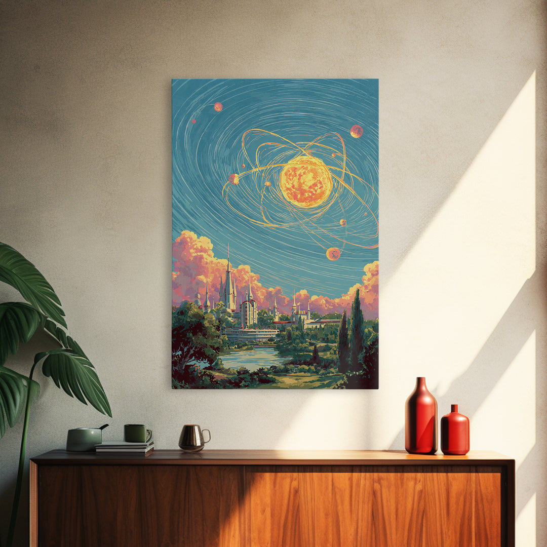 Glowing Atomic Sun Over Retro Future City Canvas Print, Mid Century Modern Wall Art, Cosmic Space Poster, Scenic MCM Decor