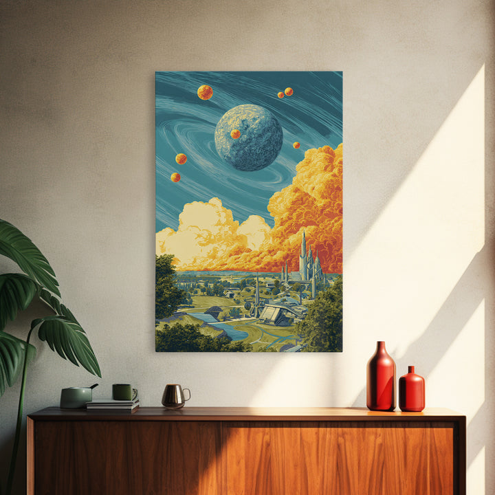 Retro Futuristic Planet City Wall Art, Sci Fi Space Landscape, Midcentury Modern Poster, Atomic MCM Decor, Blue Orange Print