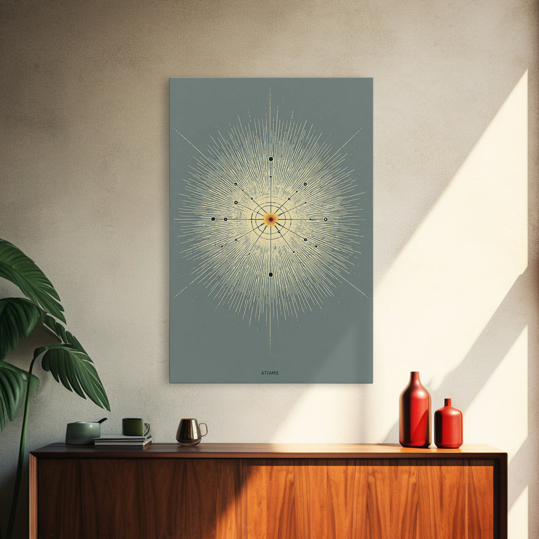 Atomic Starburst Diagram Wall Art, Midcentury Modern Abstract Sun Poster, Sage Green Geometric MCM Decor, Minimalist Print