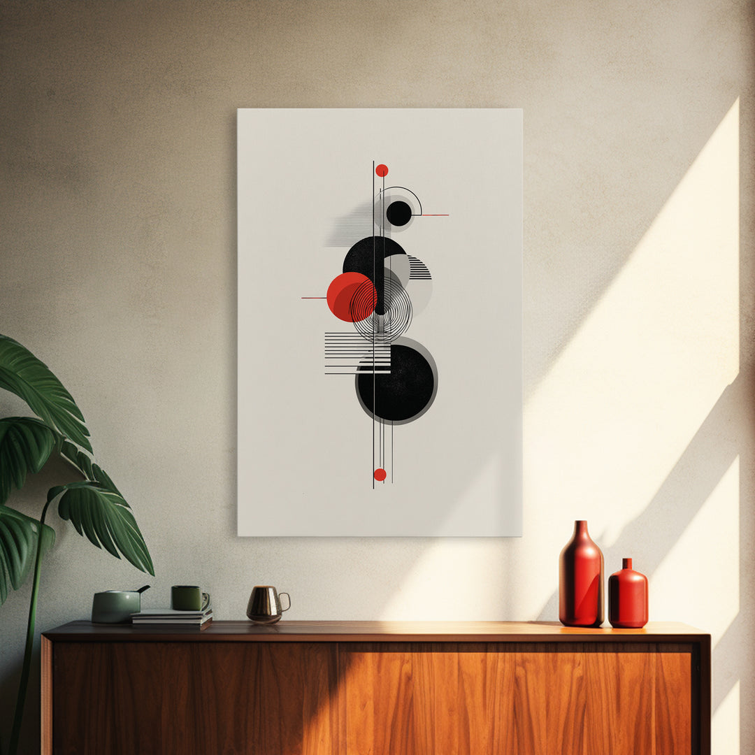 Red Black Bauhaus Circles Wall Art, Midcentury Modern Geometric Poster, Abstract MCM Decor, Minimalist Shape Art Print Gift
