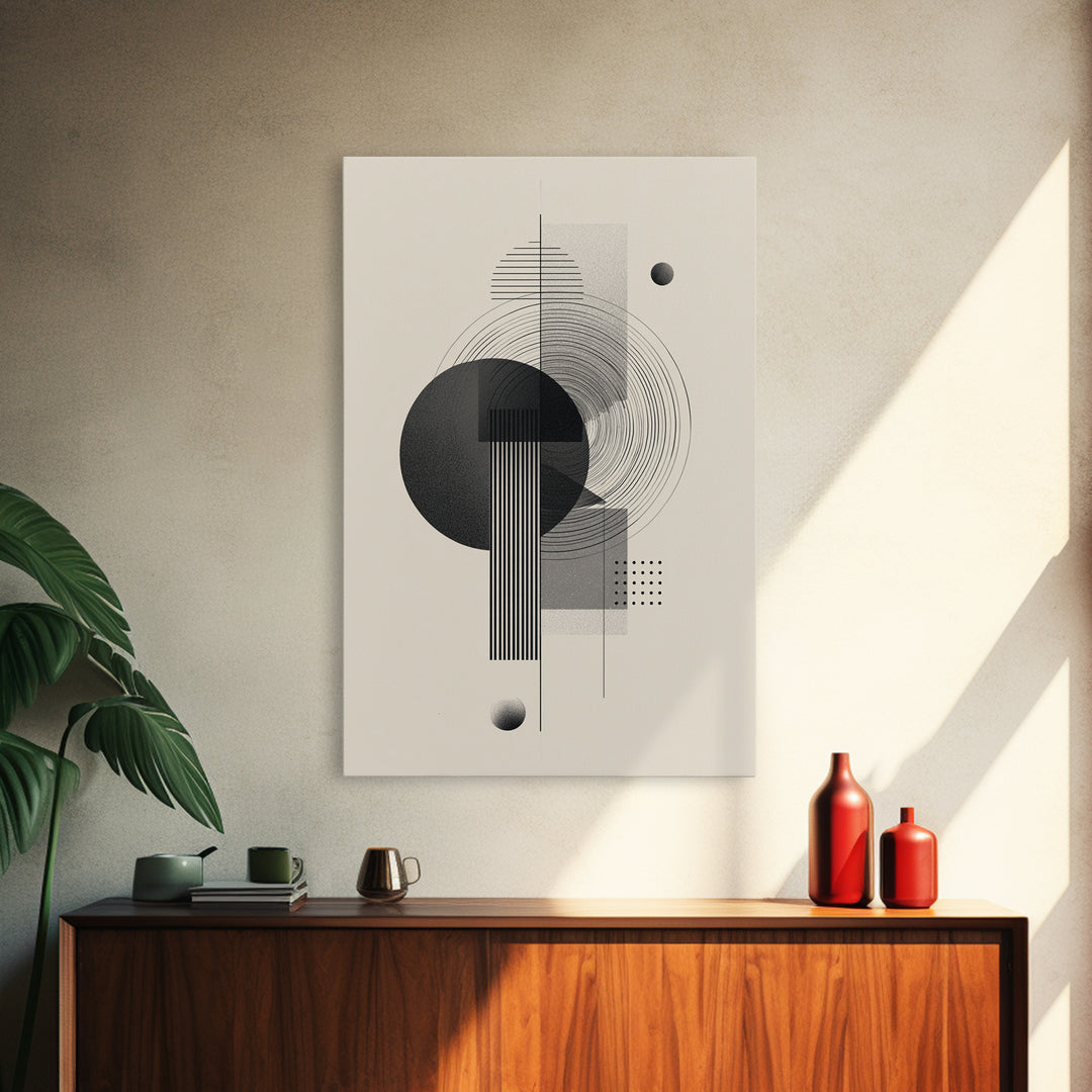 Black Gray Geometric Circle Wall Art, Modern Abstract Line Poster, Midcentury MCM Decor, Minimalist Bauhaus Art Print Gift