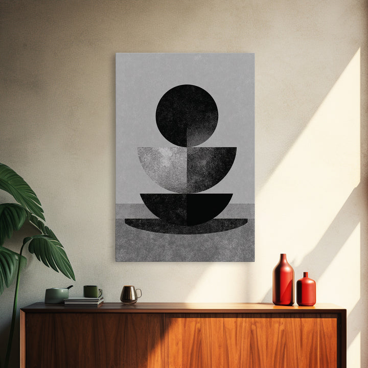 Monochrome Stacked Circle Wall Art, Black White Abstract Poster, Midcentury Modern Geometric Decor, Minimalist MCM Print