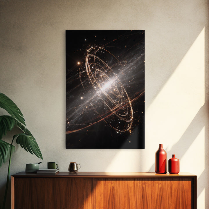 Glowing Galactic Rings Around Bright Star Framed Canvas Print, Space Abstract Art, Modern Wall Decor, Cosmic Poster Gift