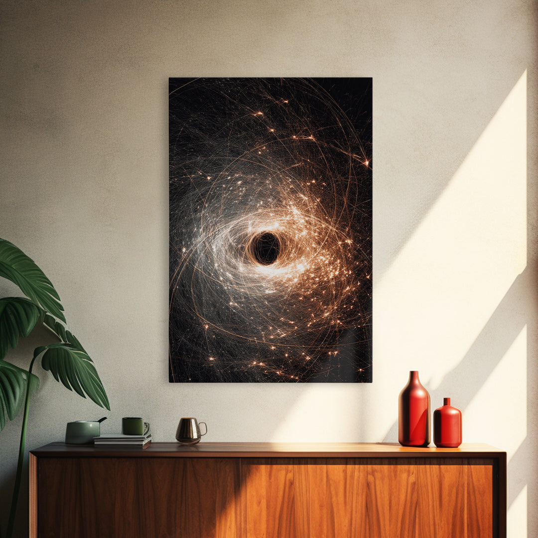 Black Hole Vortex With Golden Spark Orbits Canvas Print, Dark Space Wall Art, Modern Abstract Art, Sci Fi Poster Decor Gift