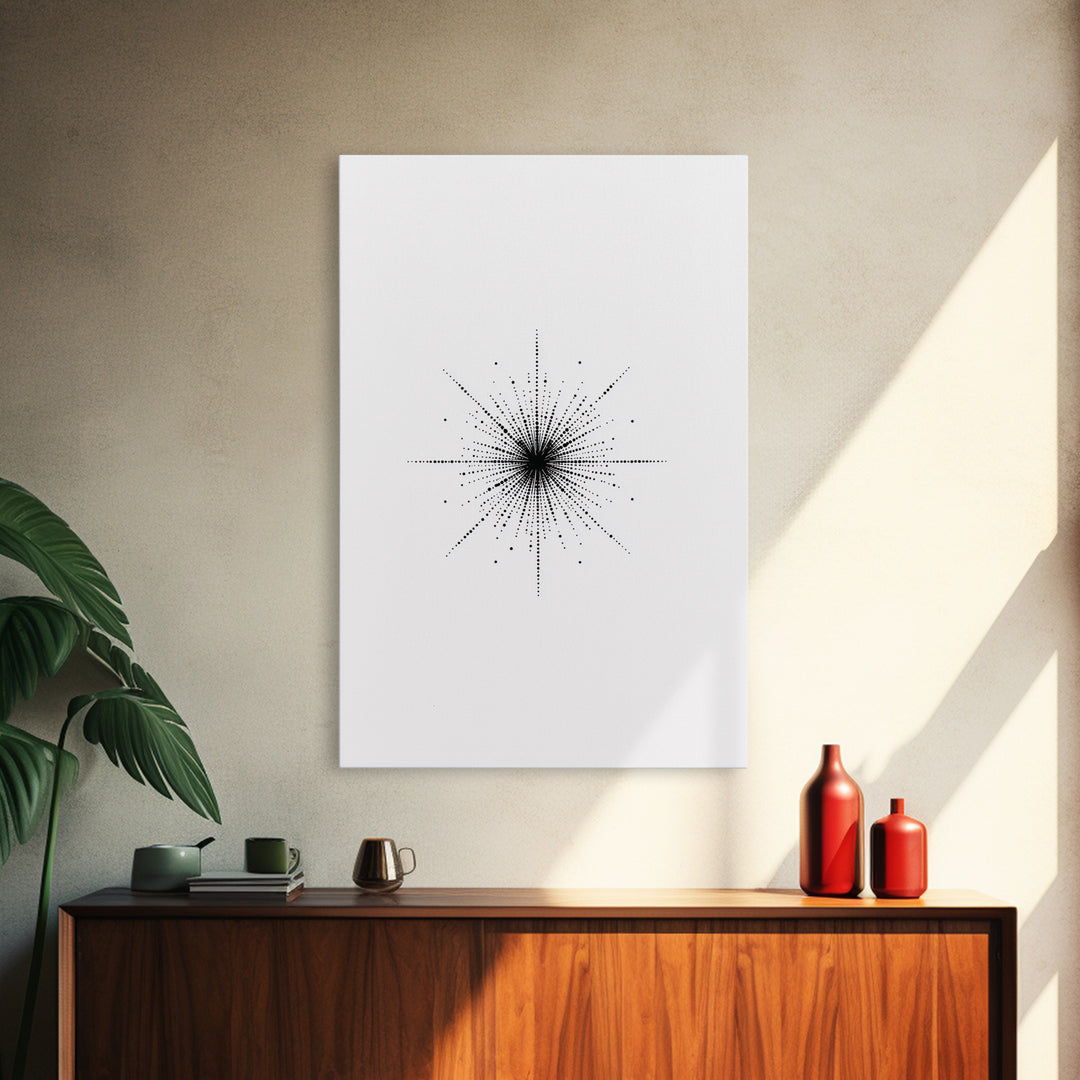 Dotted Cosmic Starburst Wall Art, Black And White Minimal Abstract, Modern Geometric Poster, Mid Century Office Decor Print
