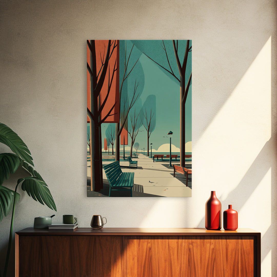 Teal Orange City Promenade Wall Art, Mid Century Modern Travel Poster, Architectural Park Print, Retro Urban Wall Decor Print