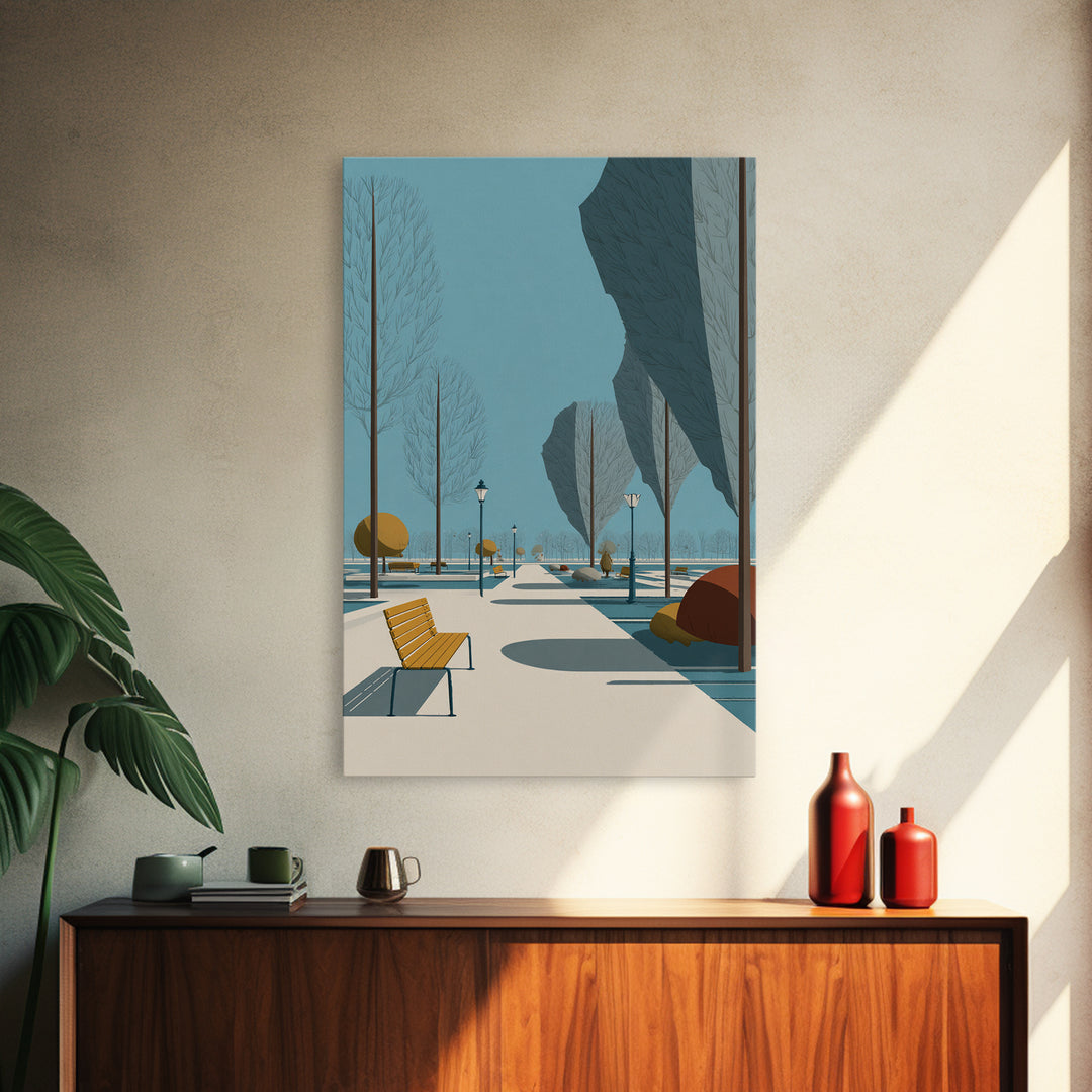 Winter Park Avenue With Yellow Bench Wall Art, Mid Century Modern Landscape Print, Scandinavian Modern Office Decor Poster
