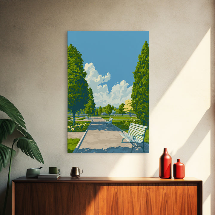 Green Formal Garden Walkway Framed Canvas Print, Mid Century Modern Nature Art, Bright Park Landscape Wall Decor For Home Office