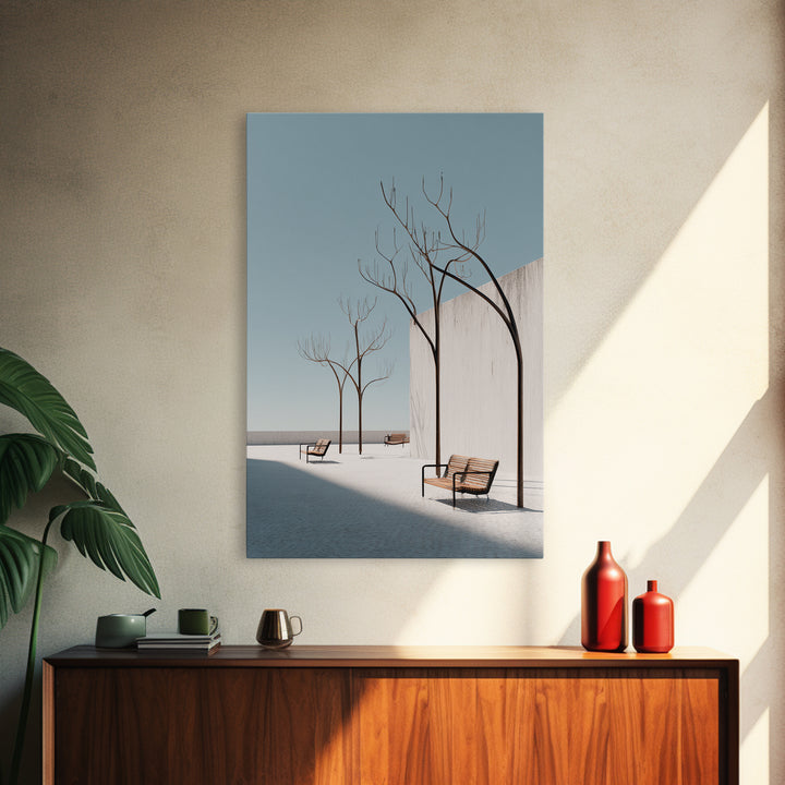 Minimal White Courtyard Benches Wall Art, Mid Century Modern Architectural Print, Scandinavian Modern Minimalist Decor Poster