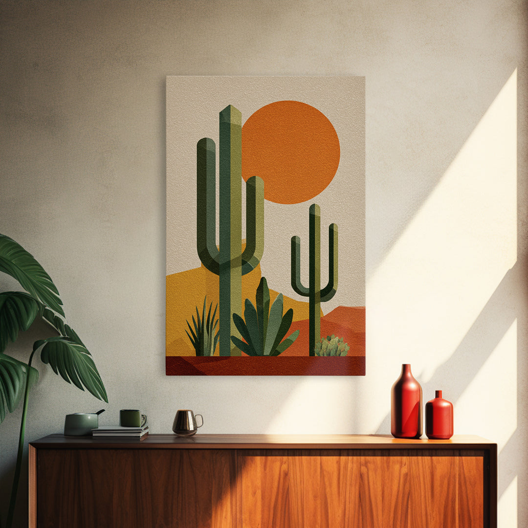 Tall Saguaro Cactus Orange Sun Wall Art, Mid Century Modern Desert Print, Southwestern Decor, Retro Botanical Poster For Home