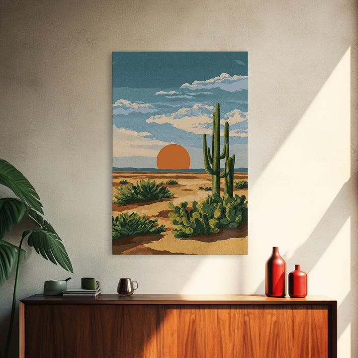 Textured Desert Cactus Sunset Canvas Print, Mid Century Modern Art, Southwestern Landscape Poster, Warm Earth Tone Decor