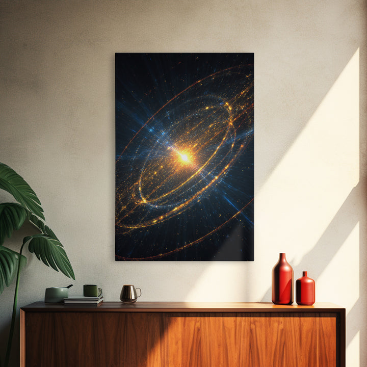 Radiant Starburst Galaxy With Golden Orbital Rings Wall Art, Cosmic Space Poster, Modern Abstract Art, Sci Fi Home Decor