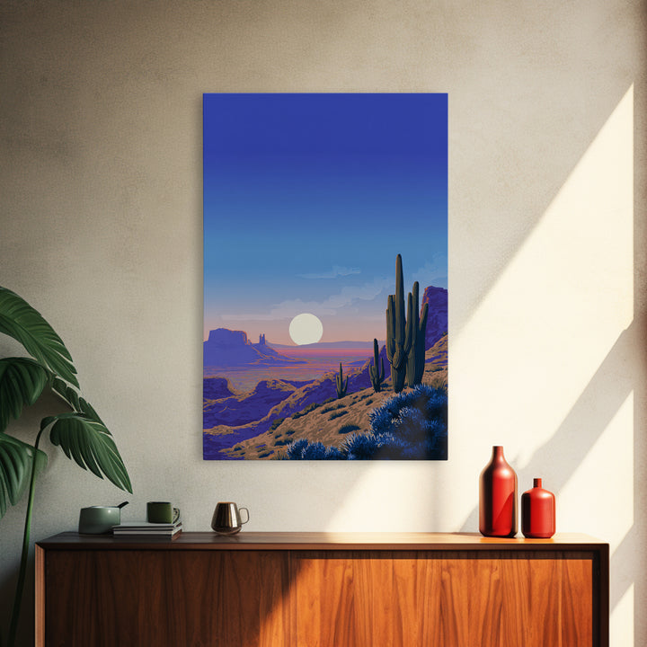 Blue Canyon Desert Moon Wall Art, Mid Century Modern Landscape Print, Cactus Travel Poster, Southwestern Home Decor For Living Room