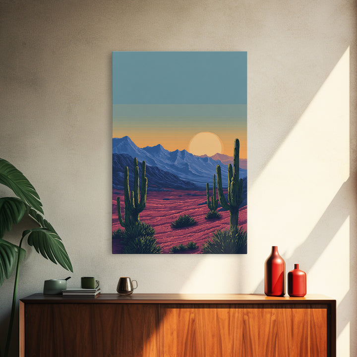 Saguaro Desert Mountains At Sunset Wall Art, Mid Century Modern Southwest Landscape, Retro Travel Poster, Colorful Home Decor