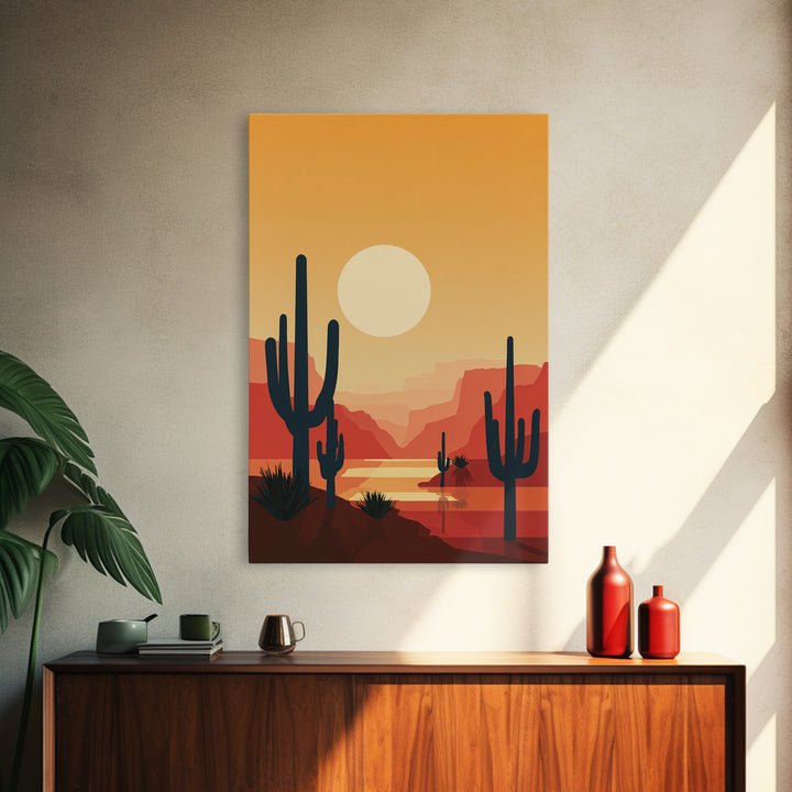 Canyon River Saguaro Sunset Canvas Print, Mid Century Modern Desert Poster, Southwestern Decor, Orange Living Room Wall Art