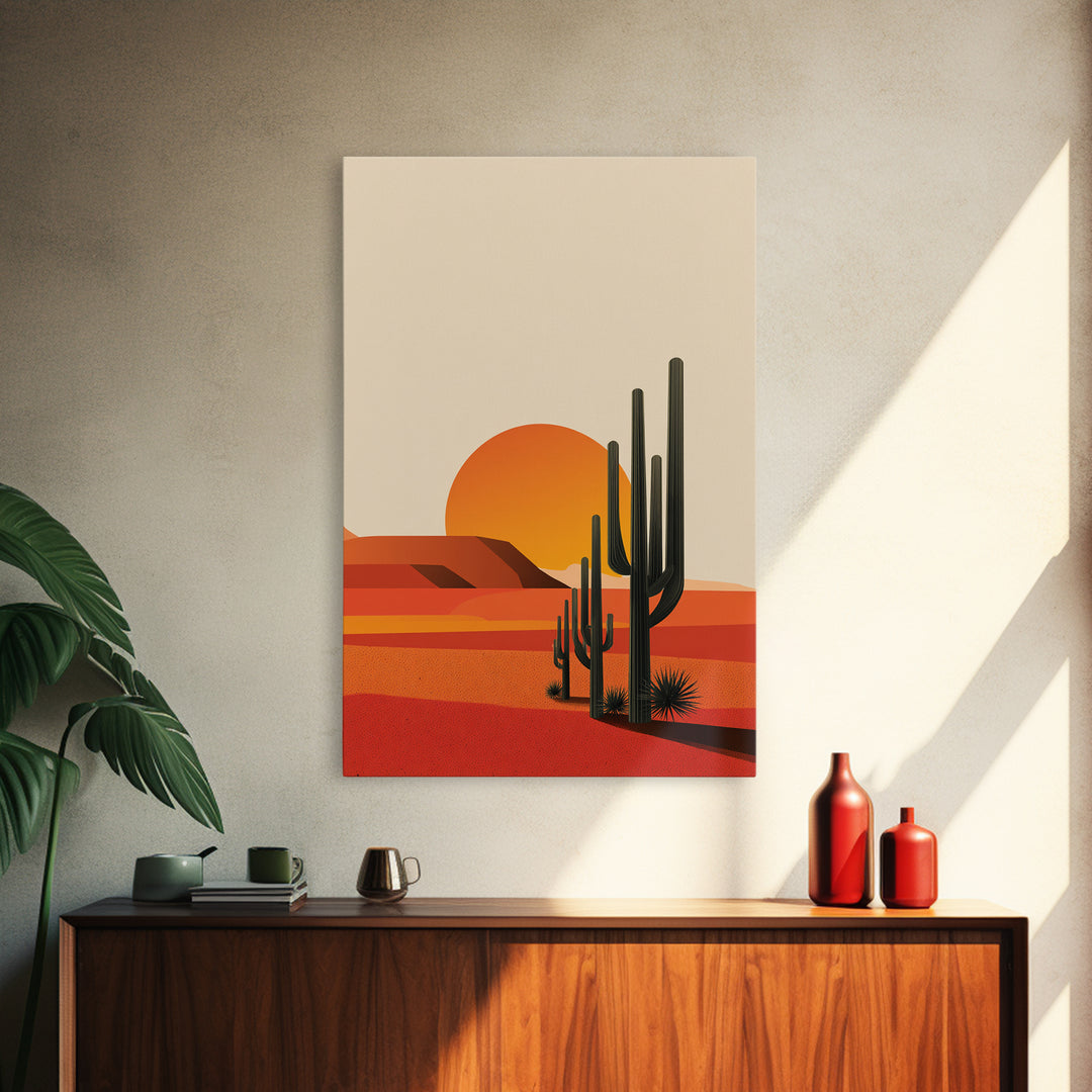 Orange Desert Sun With Tall Cactus Framed Canvas Print, Mid Century Modern Art, Minimal Southwest Decor, Warm Retro Poster