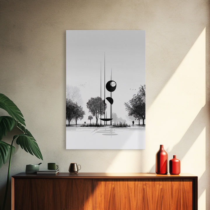 Black And White Modern Sculpture Wall Art, Minimalist Landscape Print, Contemporary Office Decor, Abstract Geometric Art