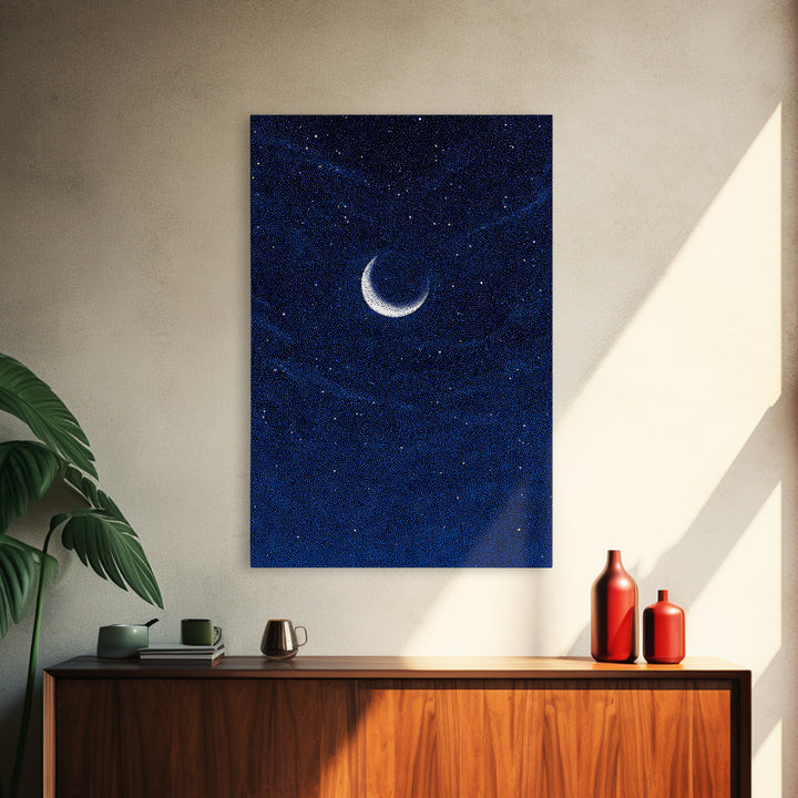 Deep Blue Crescent Moon Canvas Print, Starry Night Sky Wall Art, Minimalist Celestial Decor, Modern Bedroom Art Poster Print