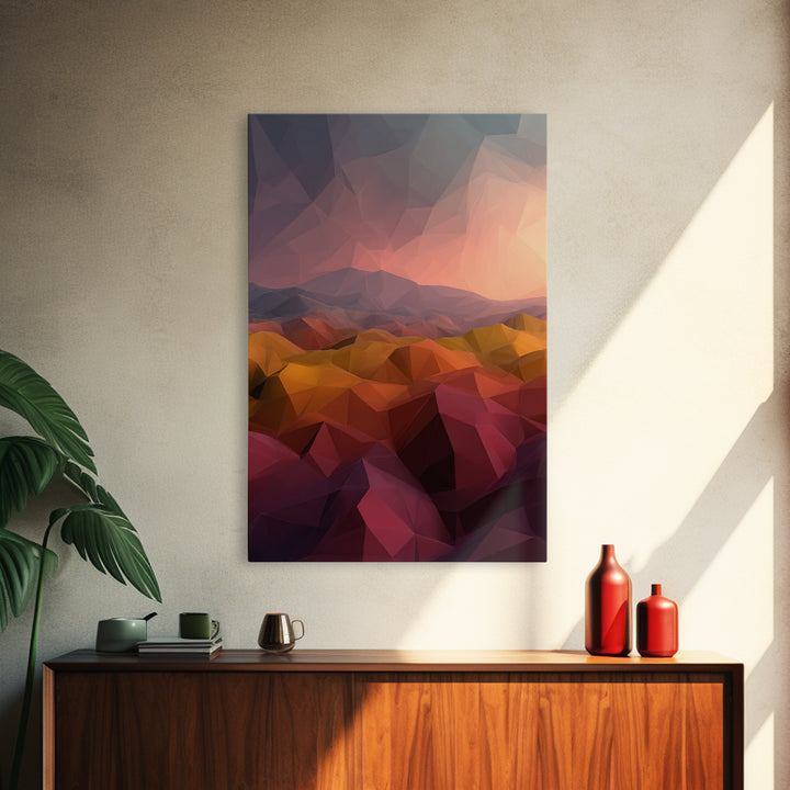 Low Poly Desert Sunset Over Red Hills Framed Canvas Print, Abstract Landscape Wall Art, Southwestern Decor, Modern Poster