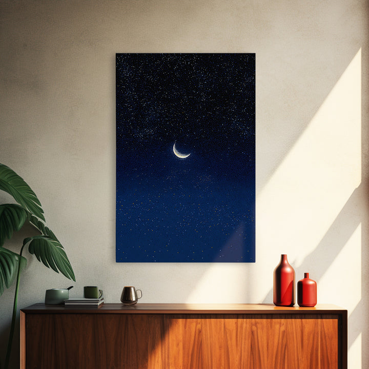 Glowing Crescent Moon Blue Star Field Canvas Print, Celestial Night Sky Poster, Modern Wall Decor, Dreamy Bedroom Art Print