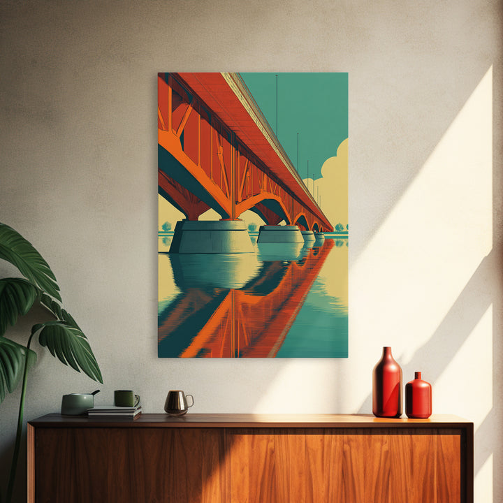 Orange Steel Bridge Reflection Wall Art, Retro Travel Poster, Midcentury Modern Decor, Architectural Art Print For Living Room