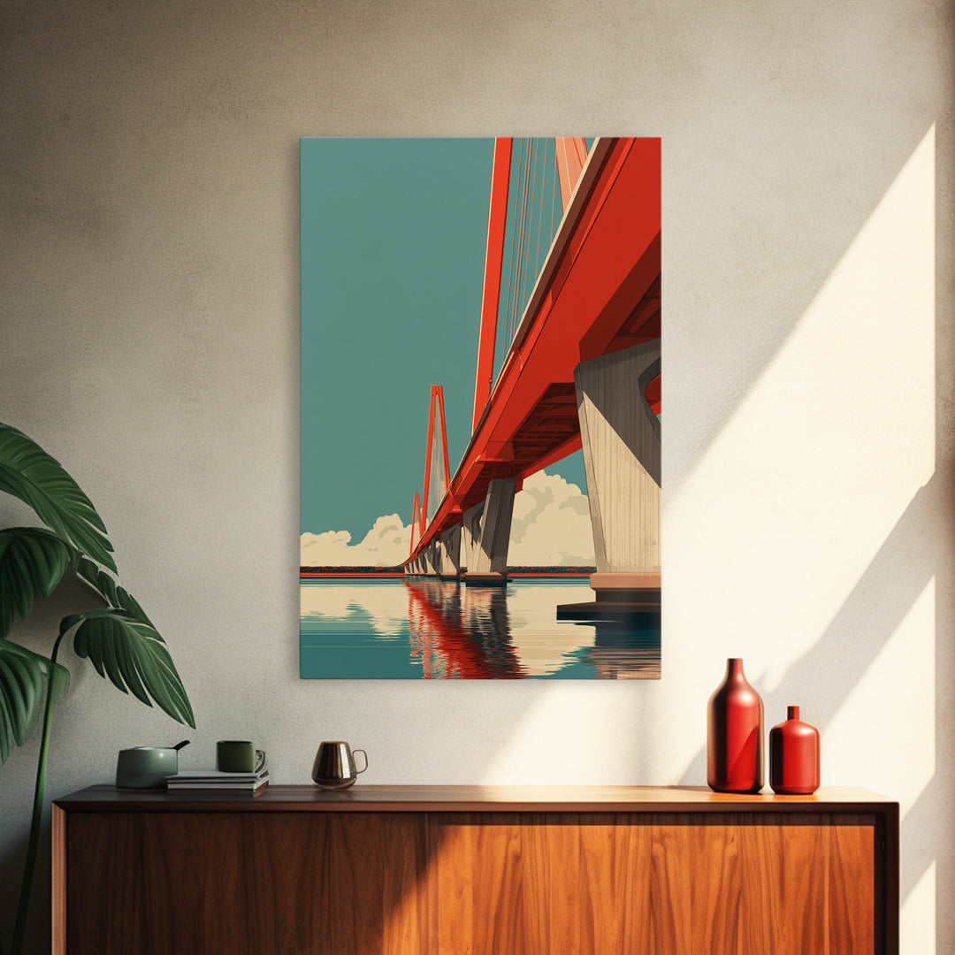 Red Suspension Bridge Over Water Canvas Print, Modern Travel Poster, Architectural Wall Art, Midcentury Decor, Coastal Home Print