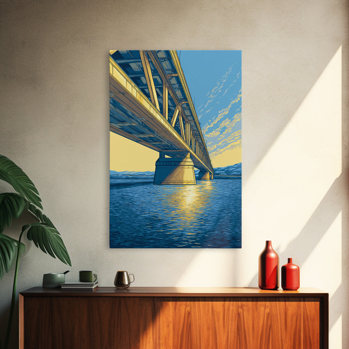 Blue Golden Bridge At Sunset Framed Canvas Print, Scenic Landscape Wall Art, Modern Coastal Decor, Lake House Art Print Gift