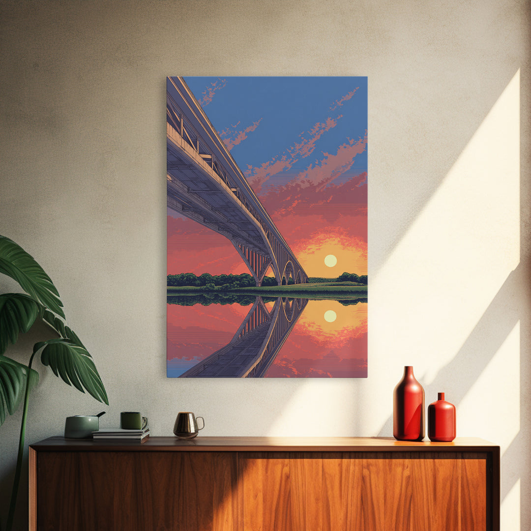 Sunset Bridge Reflection Wall Art, Pink Orange Sky Landscape Poster, Retro Travel Print, Modern Home Decor, Scenic Canvas Print