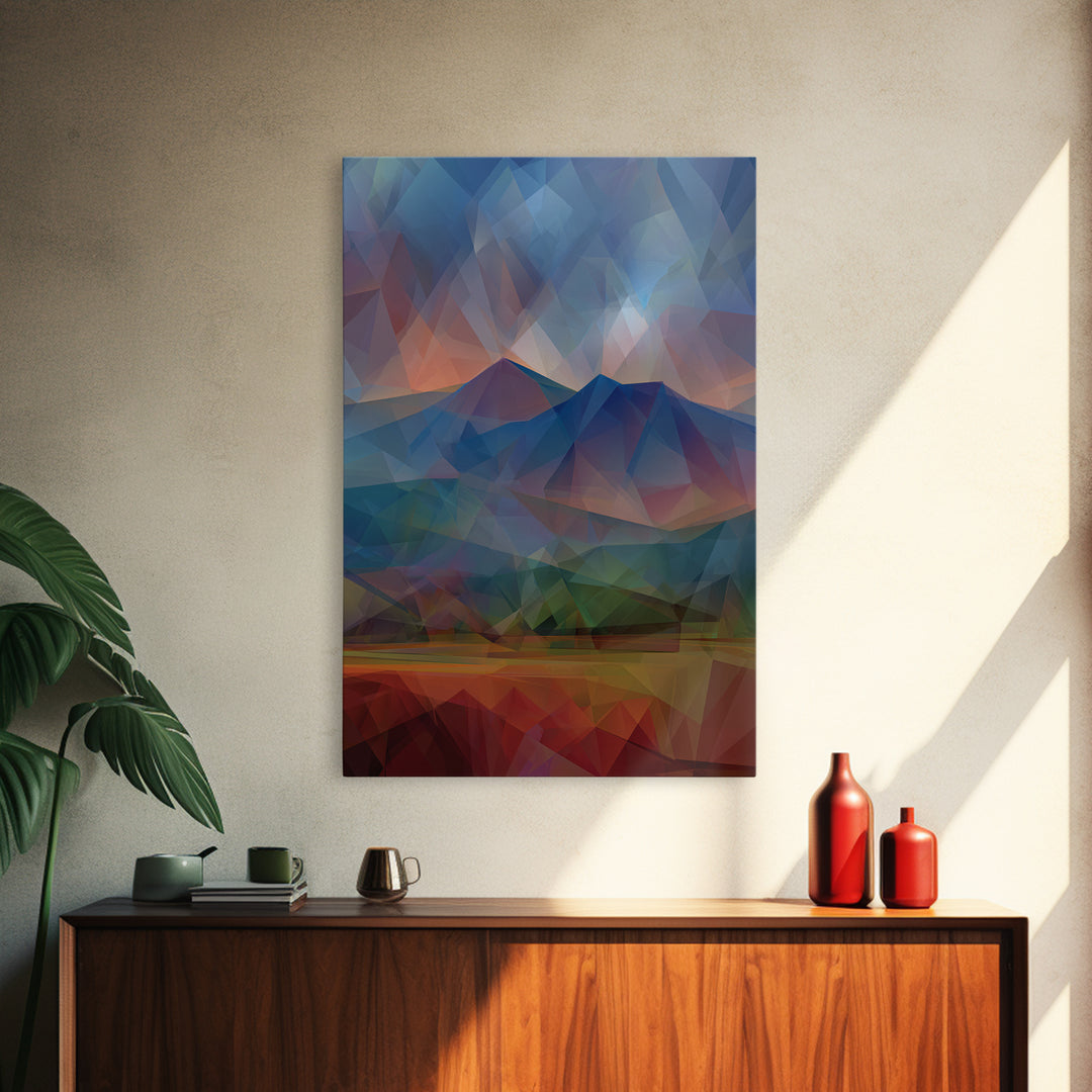 Low Poly Blue Mountain Peaks At Dusk Canvas Print, Abstract Landscape Wall Art, Modern Home Decor, Scenic Nature Poster Print