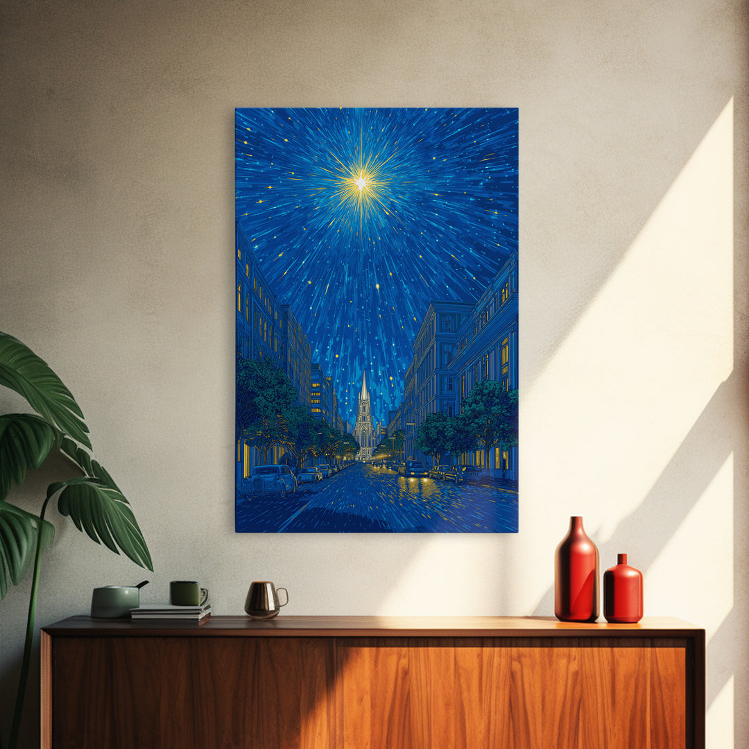 Radiant Starburst Above Blue City Street Canvas Print, Night Skyline Wall Art, Modern Travel Poster, Gothic Cathedral Decor