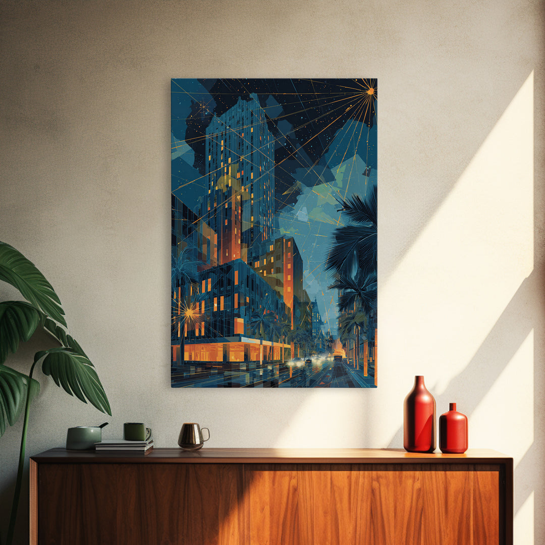 Glowing Art Deco Night City With Palms Wall Art, Mid Century Modern Poster, Retro Urban Decor, Blue Orange Living Room Print