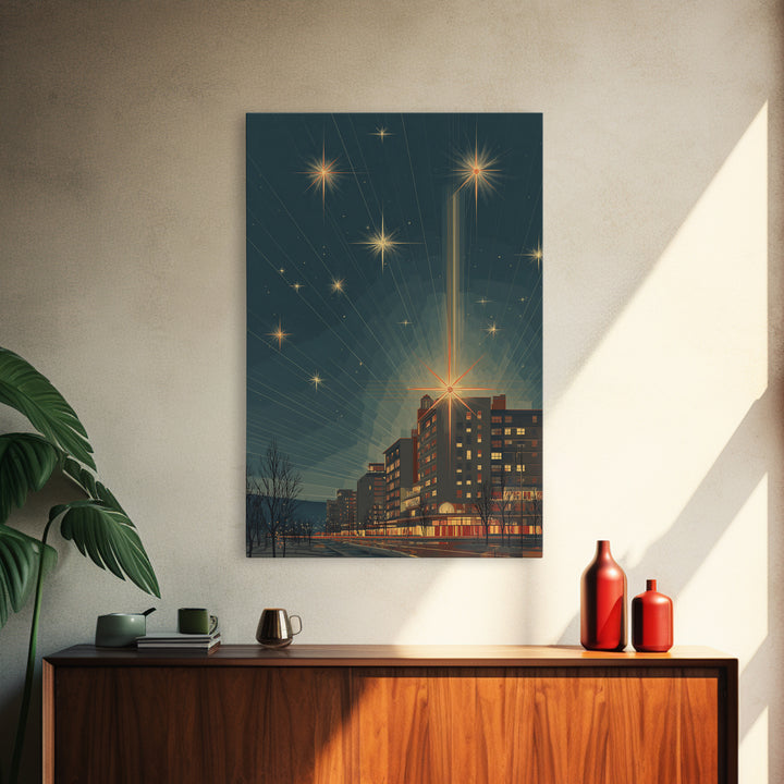 Radiant Starburst Skyline Over Waterfront Wall Art, Mid Century Modern City Print, Retro Night Decor, Office Poster Gift