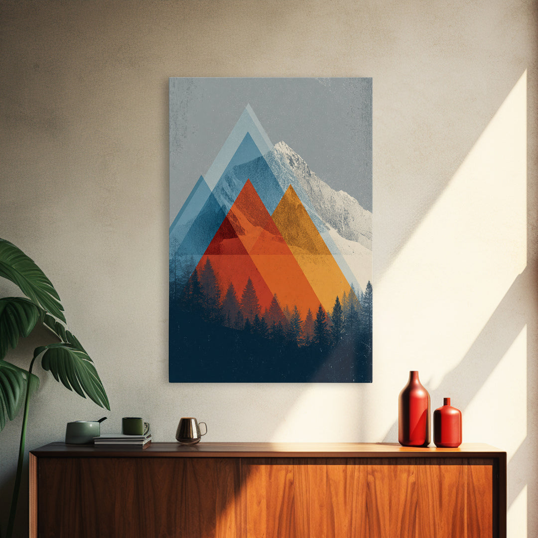Snowy Alpine Peak With Orange Blue Triangles Framed Canvas Print, Mid Century Modern Wall Art, Forest Landscape Decor Print