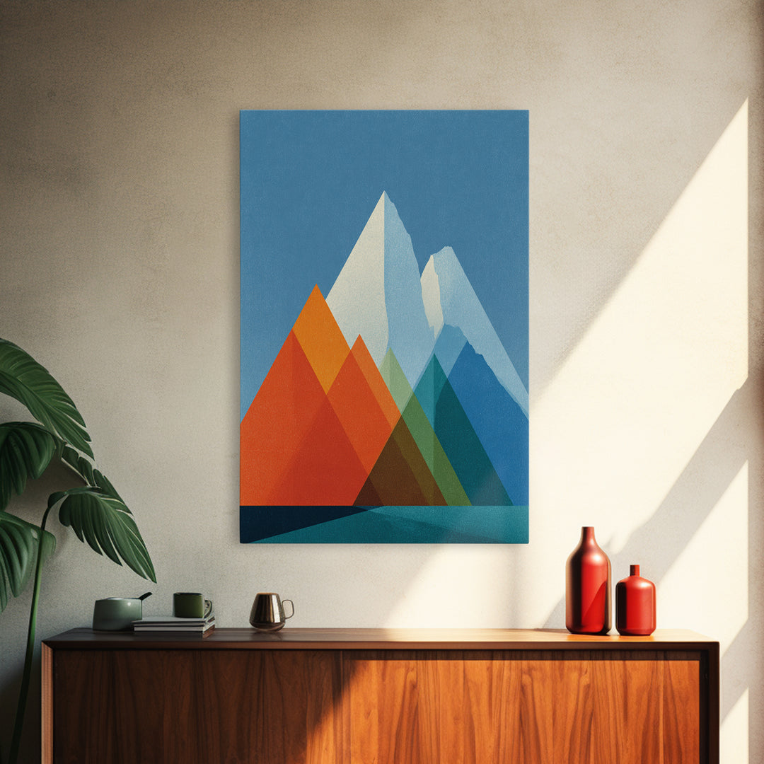 Minimalist Blue And Orange Mountain Triangles Wall Art, Mid Century Modern Canvas Print, Geometric Landscape Home Decor Gift