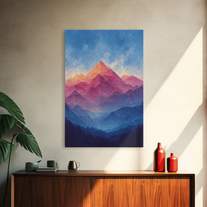 Pink And Blue Layered Mountain Sunset Wall Art, Mid Century Modern Abstract Landscape Print, Colorful Bedroom Decor Gift