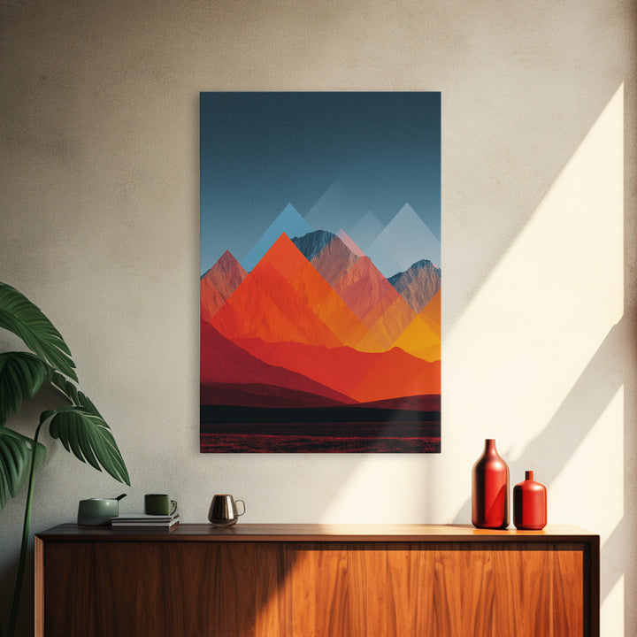 Fiery Red Orange Desert Mountain Range Canvas Print, Mid Century Modern Wall Art, Abstract Geometric Southwest Decor Gift