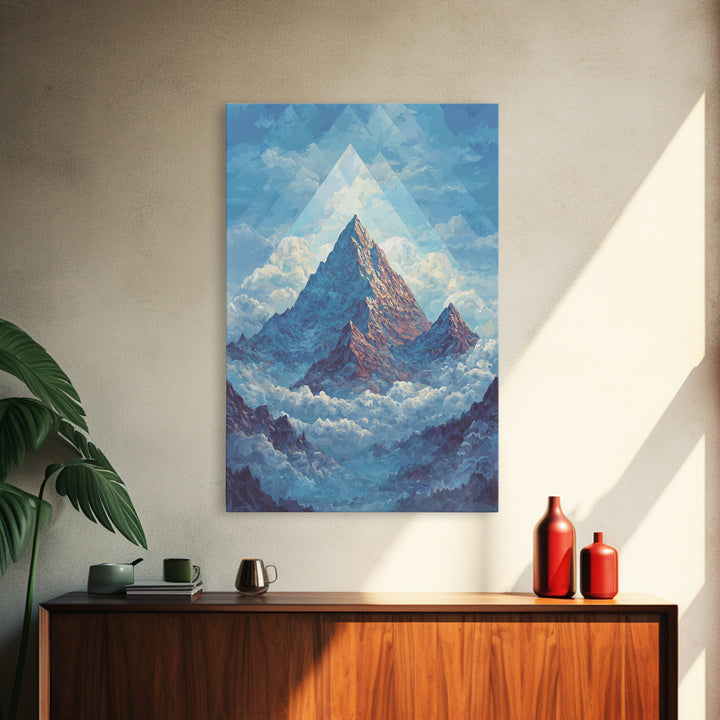 Snowy Peak Rising Above Clouds Framed Canvas Print, Mid Century Modern Wall Art, Blue Mountain Landscape Office Decor Poster