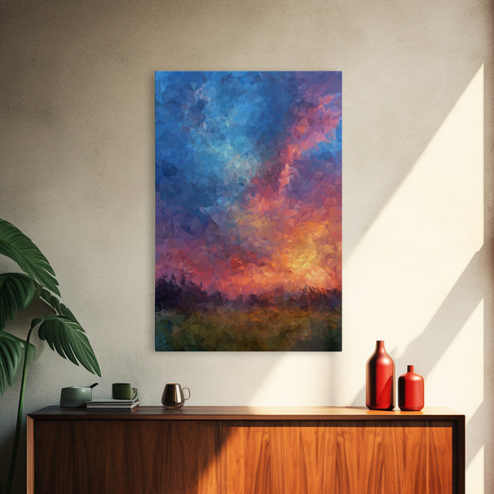 Polygon Sunset Sky With Blue Pink Clouds Wall Art, Colorful Landscape Poster, Abstract Nature Art, Modern Bedroom Decor Print