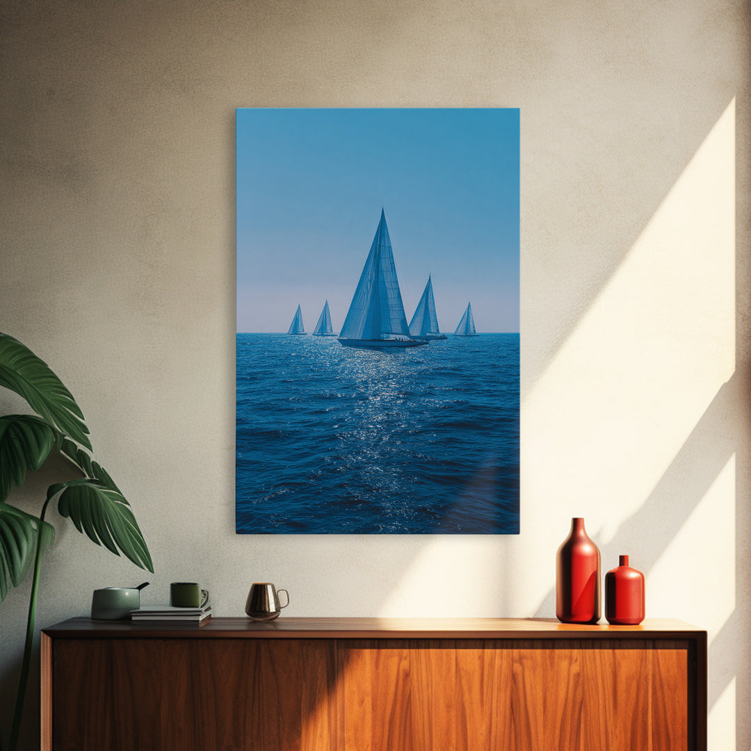 Blue Sailboats On Sparkling Ocean Wall Art, Mid Century Modern Canvas Print, Nautical Coastal Decor, Beach House Poster Gift
