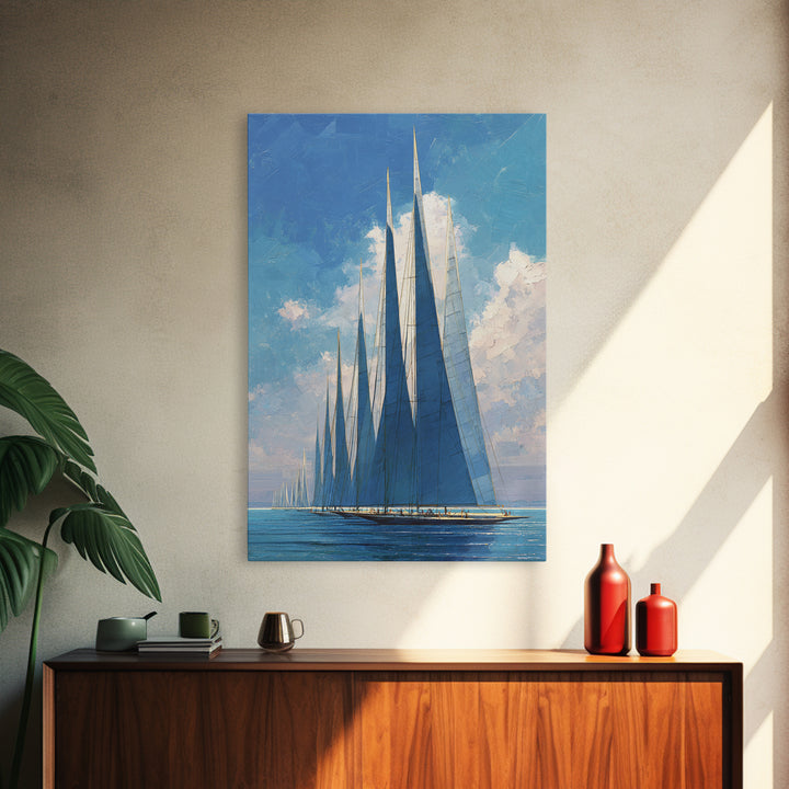 Blue Sailboat Fleet On Sparkling Sea Wall Art, Nautical Coastal Decor, Modern Art Print, Living Room Ocean Canvas, Boat Lover Gift