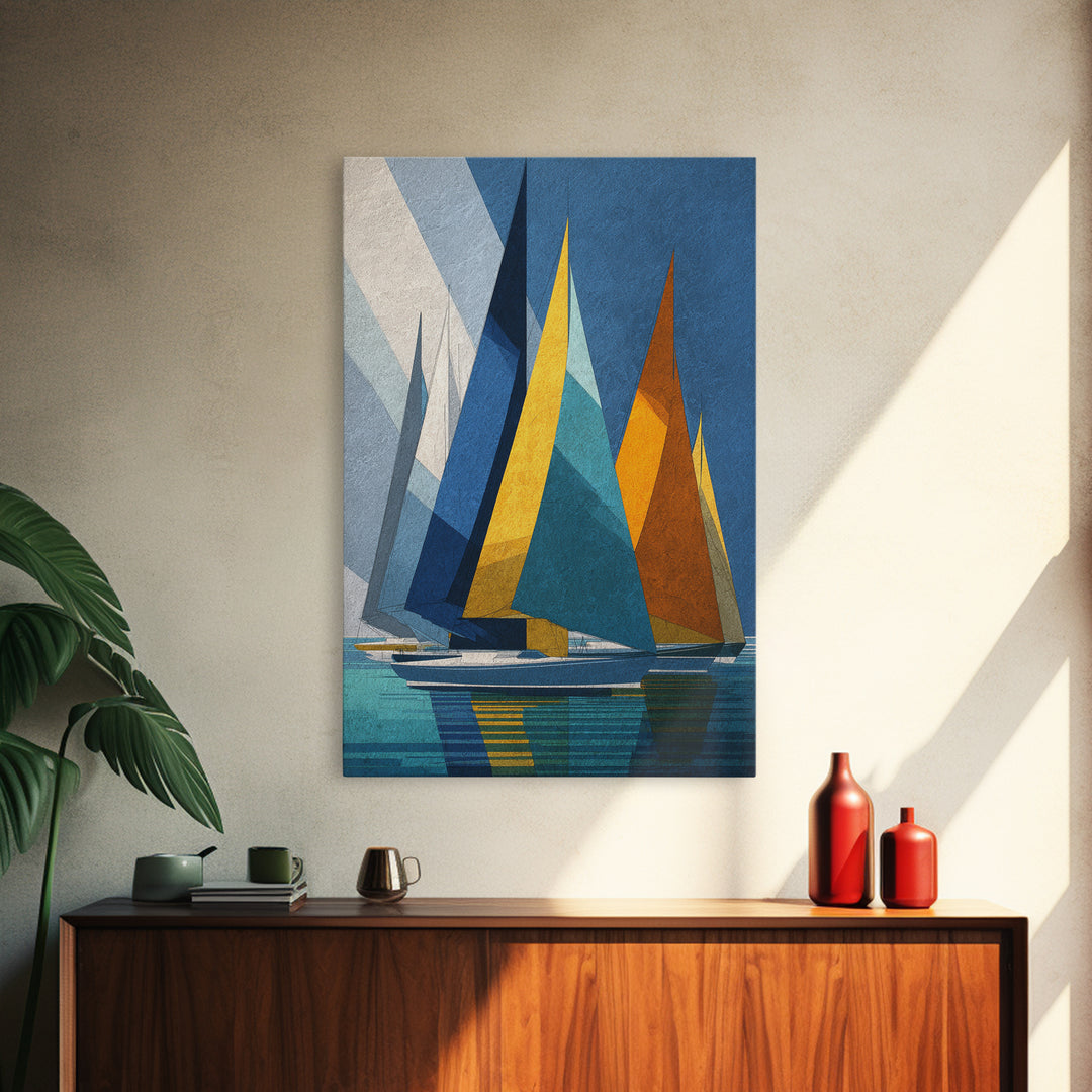Geometric Sailboats With Yellow And Orange Sails Canvas Print, Midcentury Modern Wall Art, Coastal Nautical Decor, Boat Lover Gift