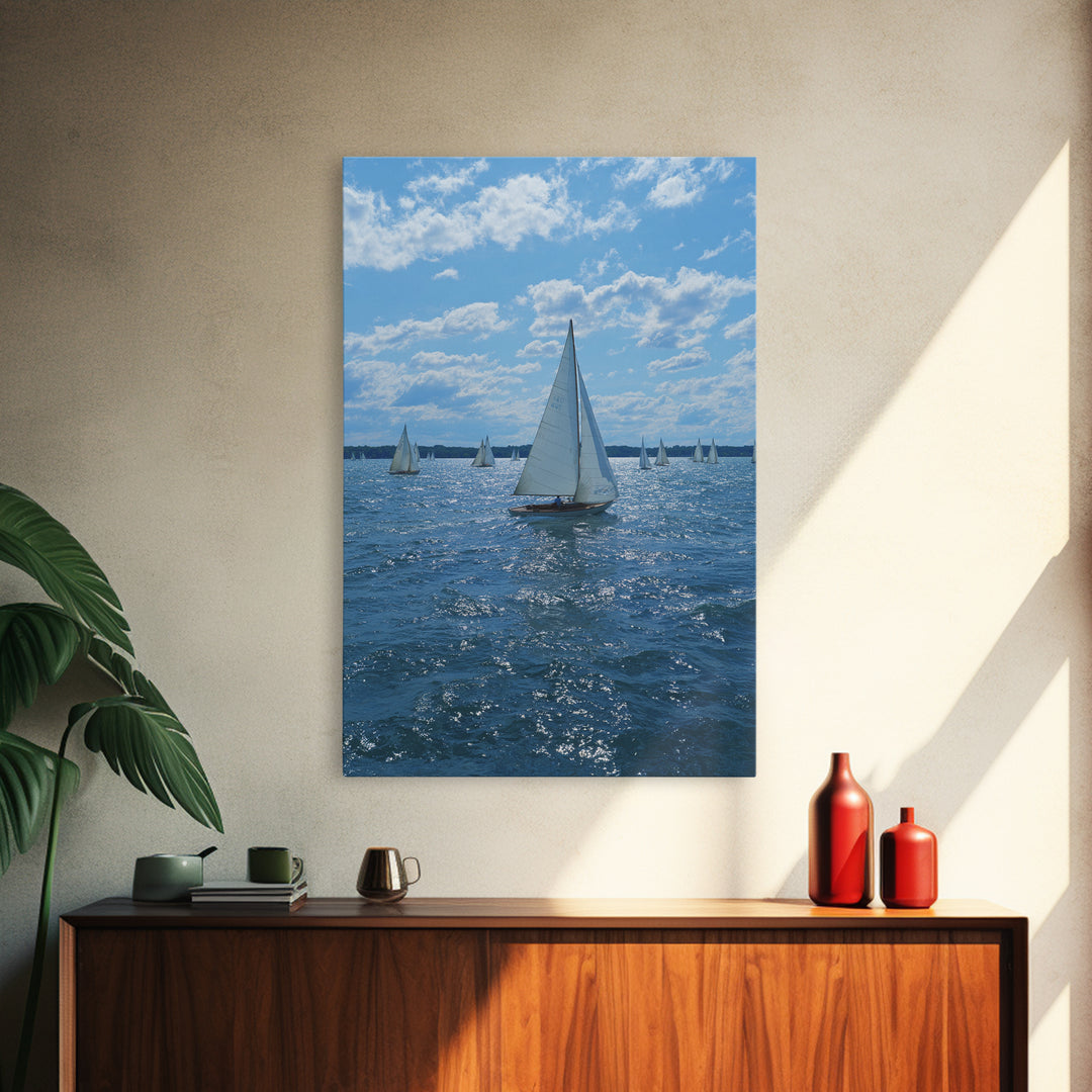 White Sailboats On Sparkling Blue Lake Wall Art, Coastal Travel Poster, Nautical Living Room Decor, Boat Lover Gift, Office Decor