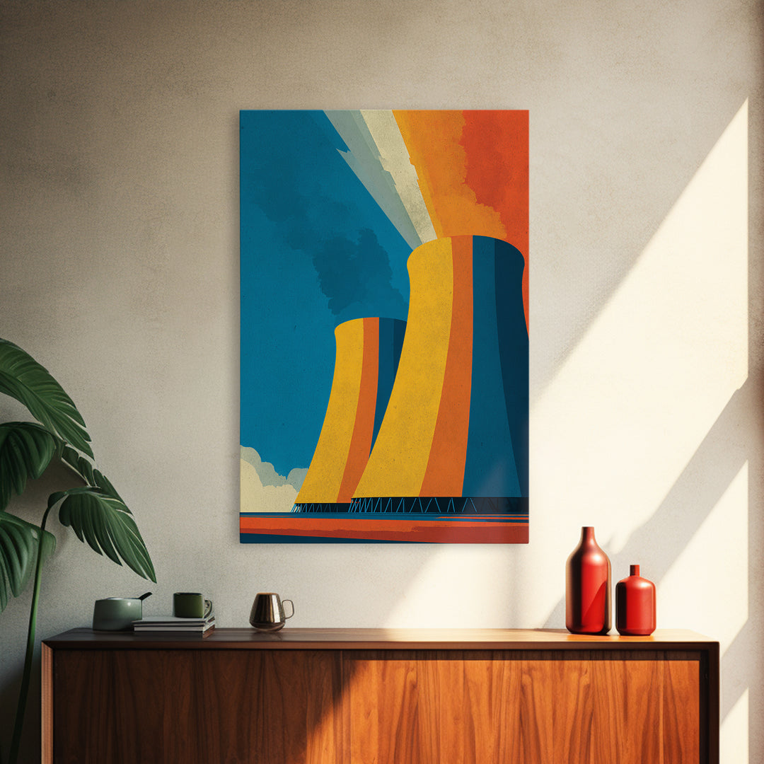 Orange Teal Cooling Towers Canvas Print, Industrial Architecture Wall Art, Retro Modern Decor, Bold Energy Poster, Office Statement Piece