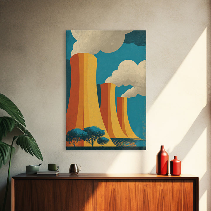 Three Orange Cooling Towers With Steam Framed Canvas Print, Industrial Wall Art, Retro Modern Decor, Power Plant Posters