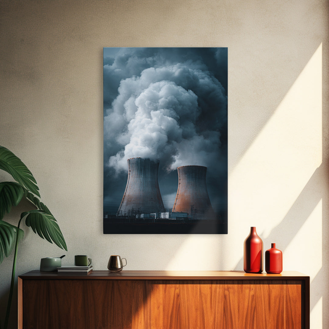 Dark Cooling Towers Under Storm Clouds Wall Art, Industrial Photography Print, Modern Office Decor, Dramatic Power Plant