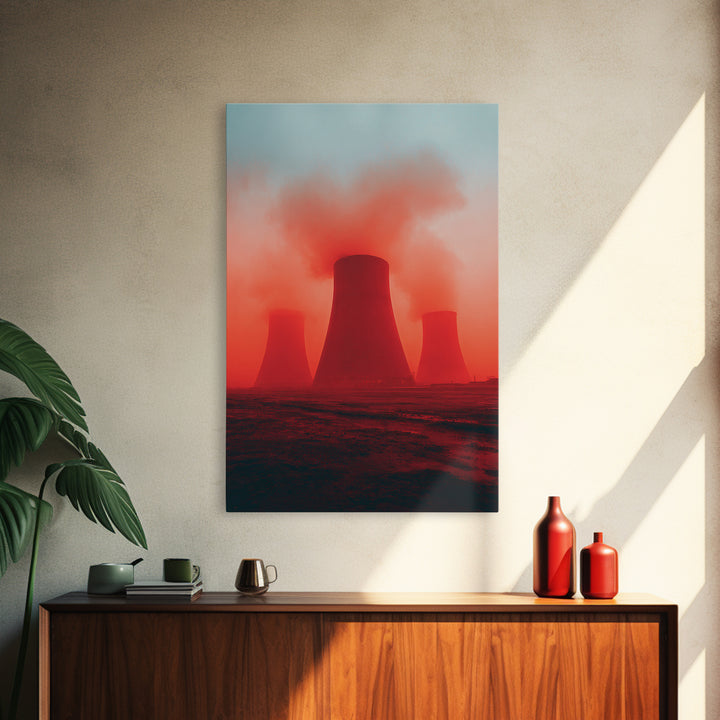 Red Fog Cooling Towers At Dusk Canvas Print, Industrial Landscape Wall Art, Moody Modern Decor, Power Plant Poster, Statement Piece