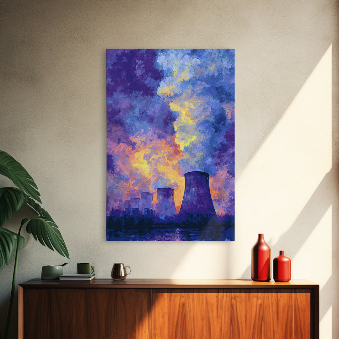 Purple Sunset Cooling Towers With Colorful Smoke Wall Art, Industrial Modern Art Print, Dramatic Office Decor, Energy Poster