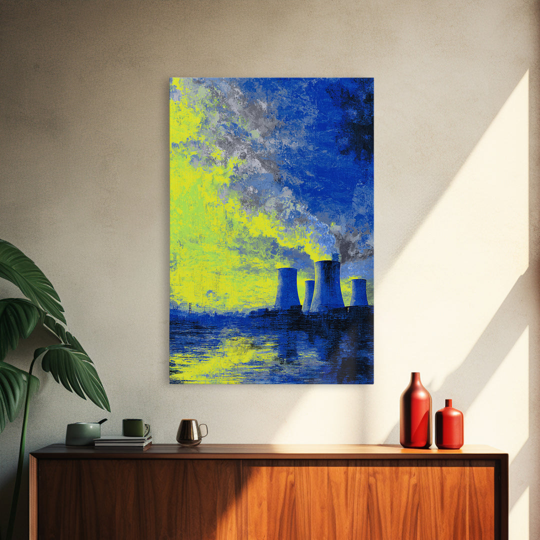 Blue Yellow Power Plant Across Water Canvas Print, Industrial Wall Art, Modern Abstract Decor, Bold Office Poster, Statement Piece